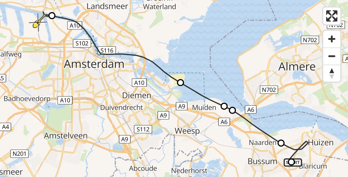 Routekaart van de vlucht: Lifeliner 1 naar Amsterdam Heliport, IJzeren Veld