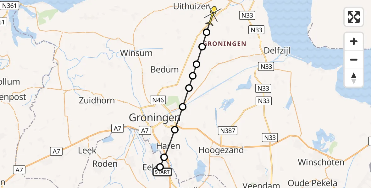 Routekaart van de vlucht: Lifeliner 4 naar Oldenzijl, Burgemeester J.G. Legroweg