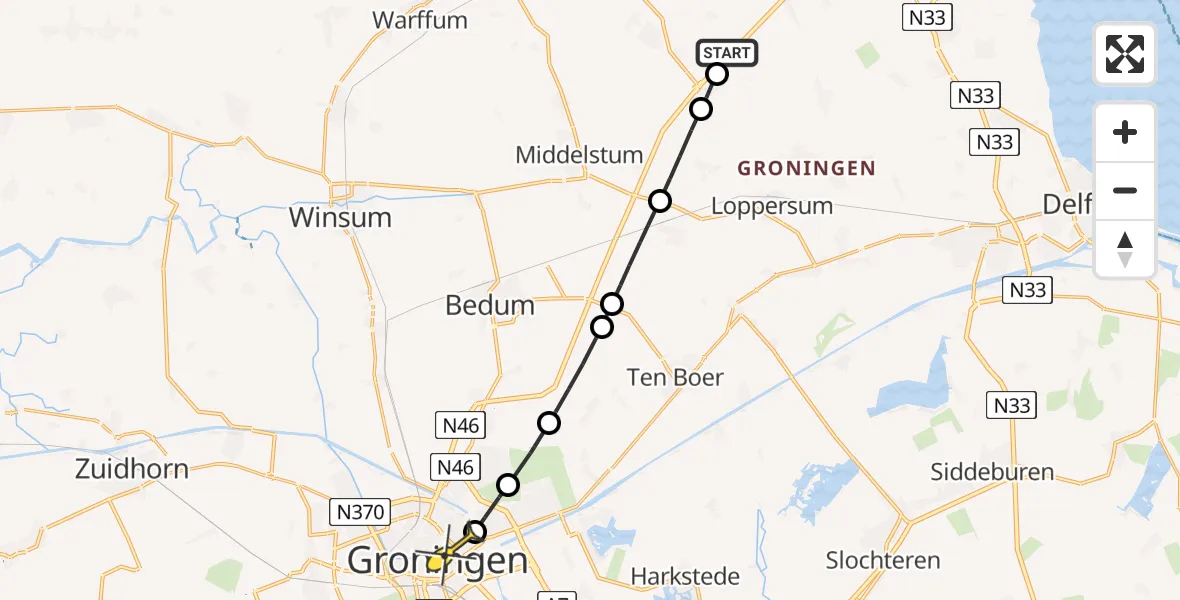 Routekaart van de vlucht: Lifeliner 4 naar Universitair Medisch Centrum Groningen, Walkumaweg