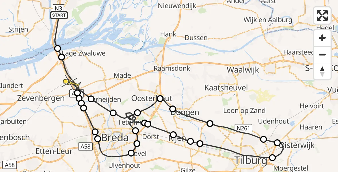 Routekaart van de vlucht: Politieheli naar Zevenbergschen Hoek, Oostelijk fietspad R.W. 16