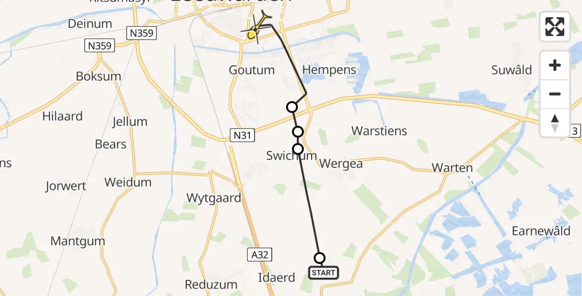 Routekaart van de vlucht: Ambulancehelikopter naar Leeuwarden, Greate Mar