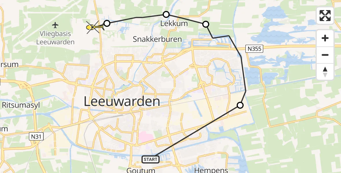 Routekaart van de vlucht: Ambulanceheli naar Vliegbasis Leeuwarden, Pallasweg