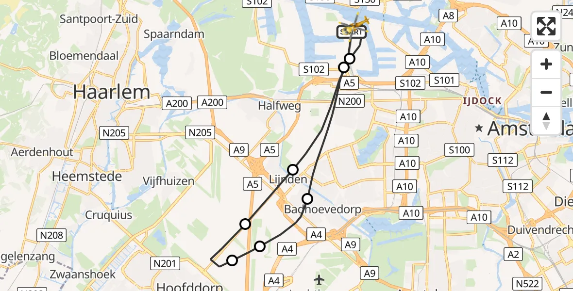 Vluchtroute Traumahelikopter van Amsterdam Heliport naar Amsterdam Heliport