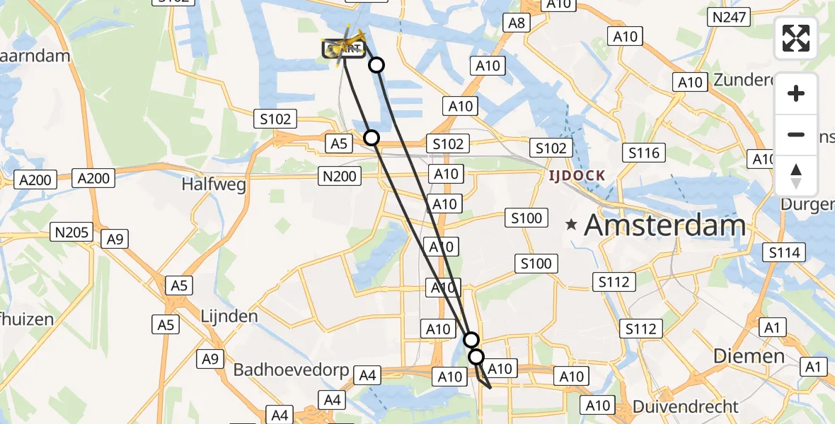 Routekaart van de vlucht: Lifeliner 1 naar Amsterdam Heliport, Maltaweg