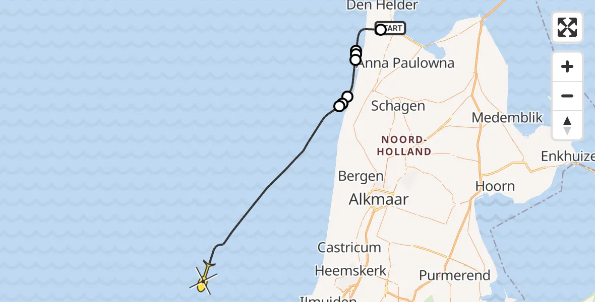 Routekaart van de vlucht: Kustwachthelikopter naar Kortevliet