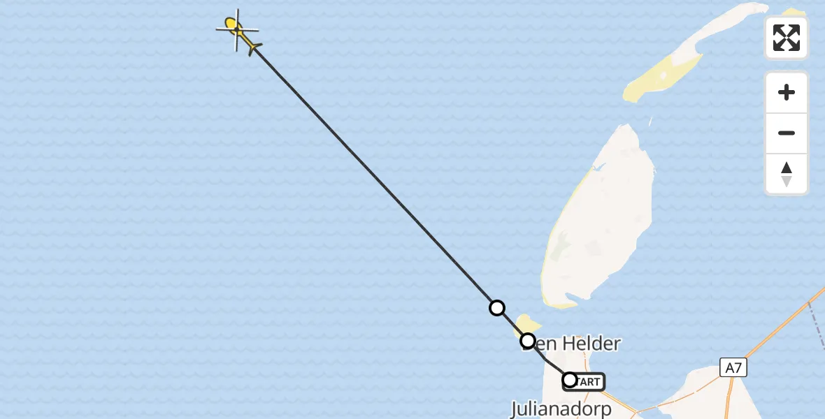 Routekaart van de vlucht: Kustwachthelikopter naar Kortevliet