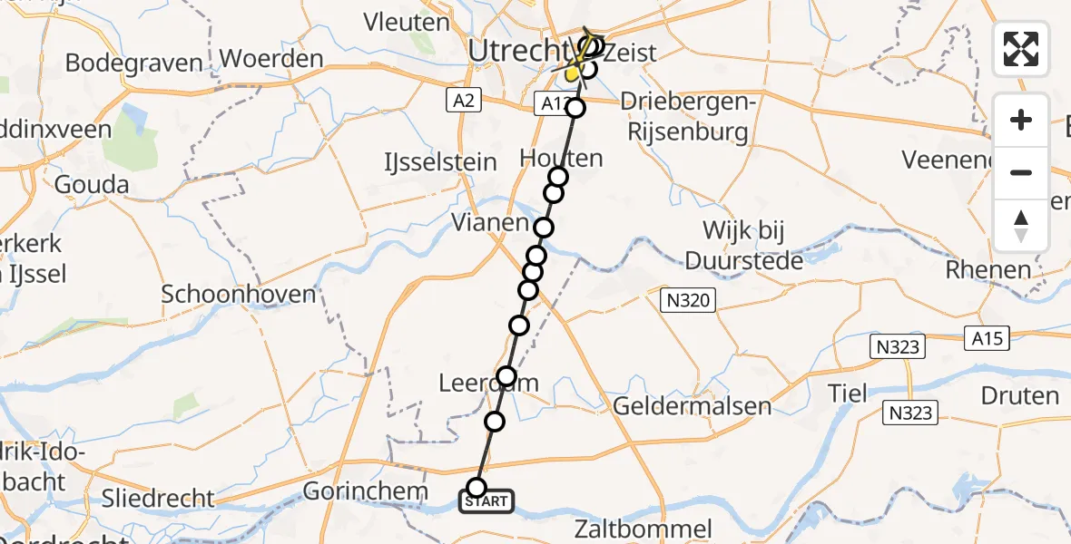 Routekaart van de vlucht: Lifeliner 3 naar Universitair Medisch Centrum Utrecht, Waaldijk