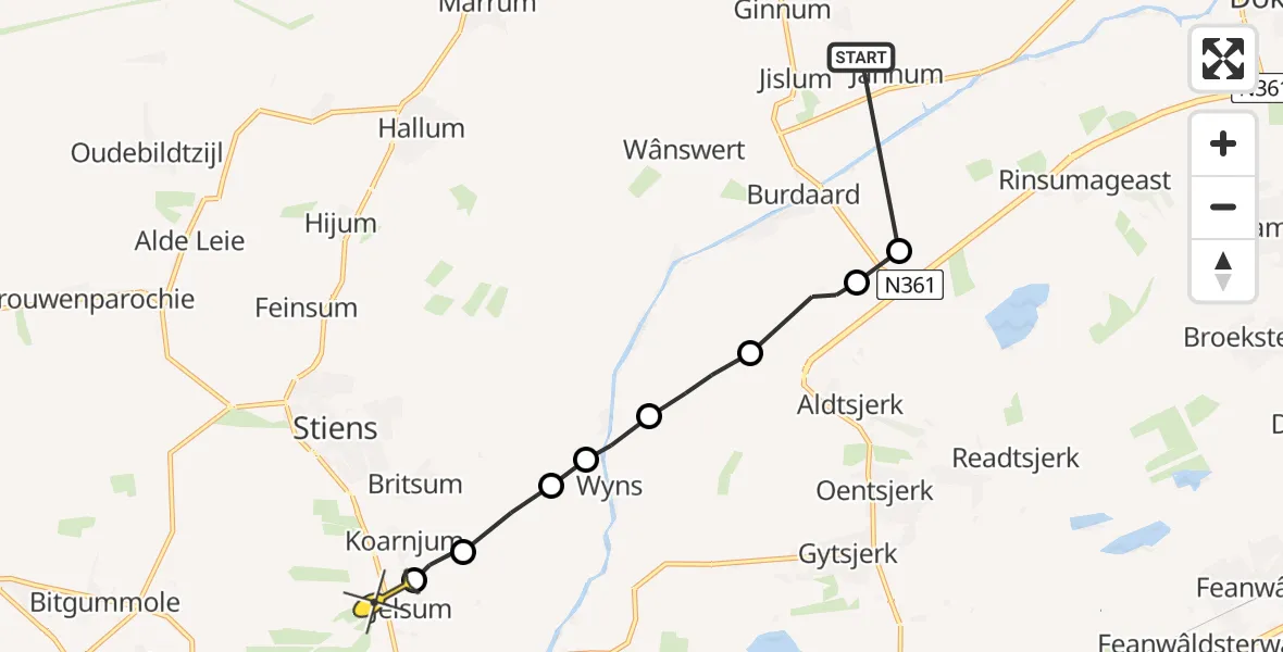 Routekaart van de vlucht: Ambulanceheli naar Vliegbasis Leeuwarden, De Jordaan