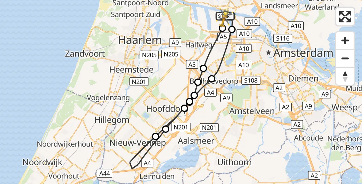 Vluchtroute Traumahelikopter van Amsterdam Heliport naar Amsterdam Heliport