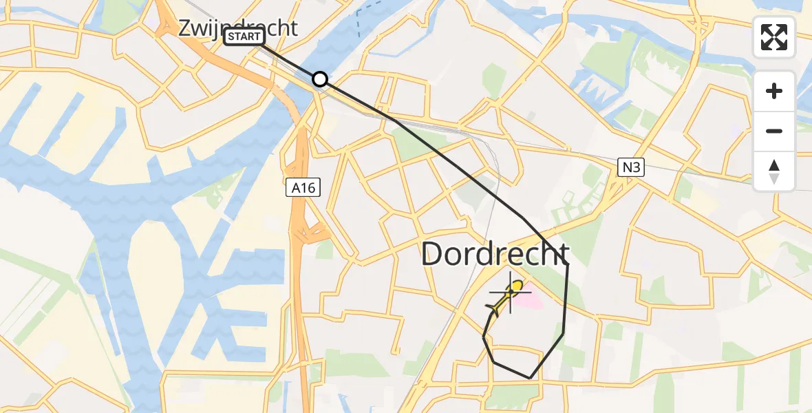 Routekaart van de vlucht: Lifeliner 2 naar Dordrecht, Burgemeester de Raadtsingel