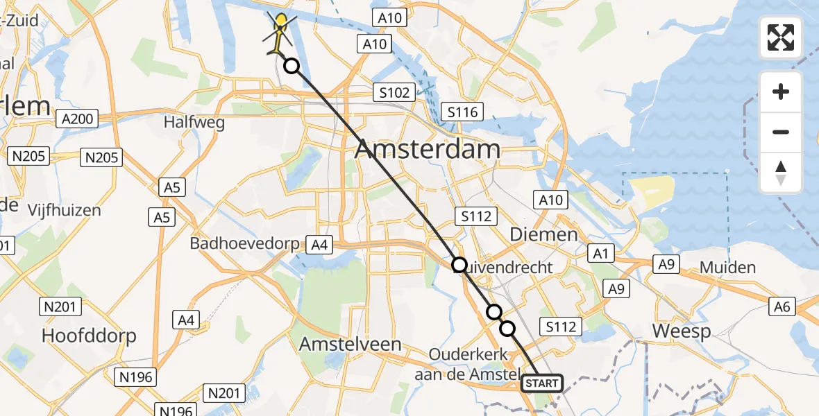 Routekaart van de vlucht: Lifeliner 1 naar Amsterdam Heliport, Paasheuvelweg