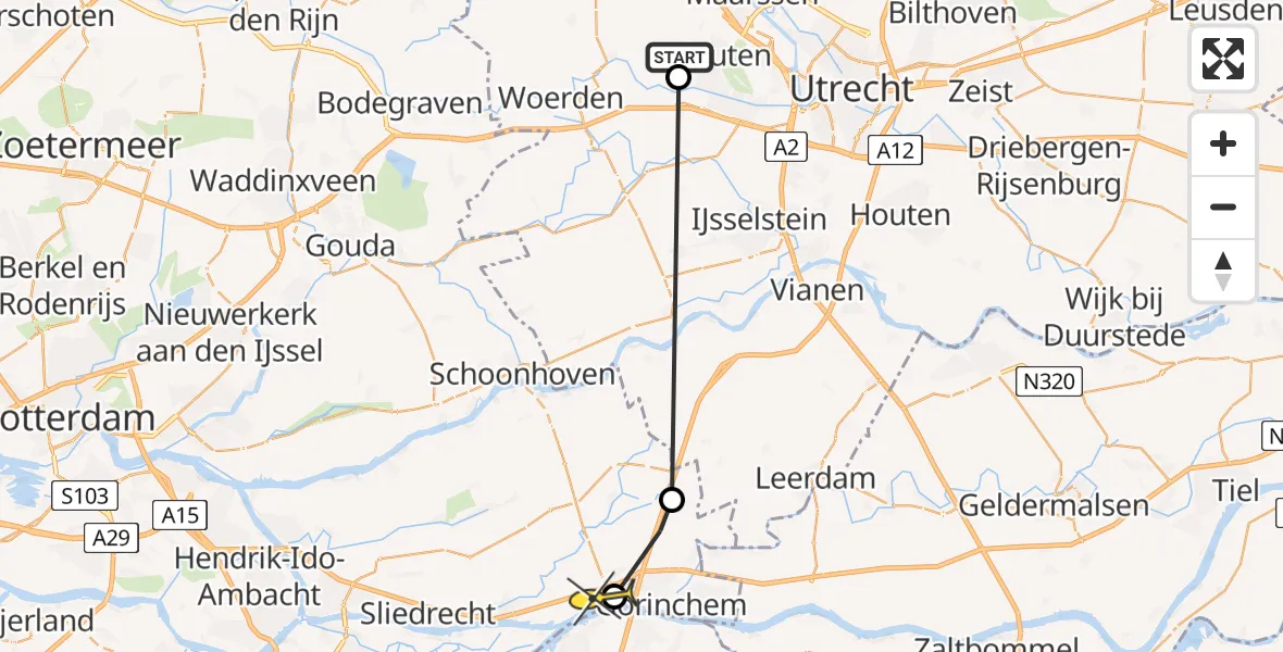 Routekaart van de vlucht: Politiehelikopter naar Hardinxveld-Giessendam, Hugo de Vriesweg