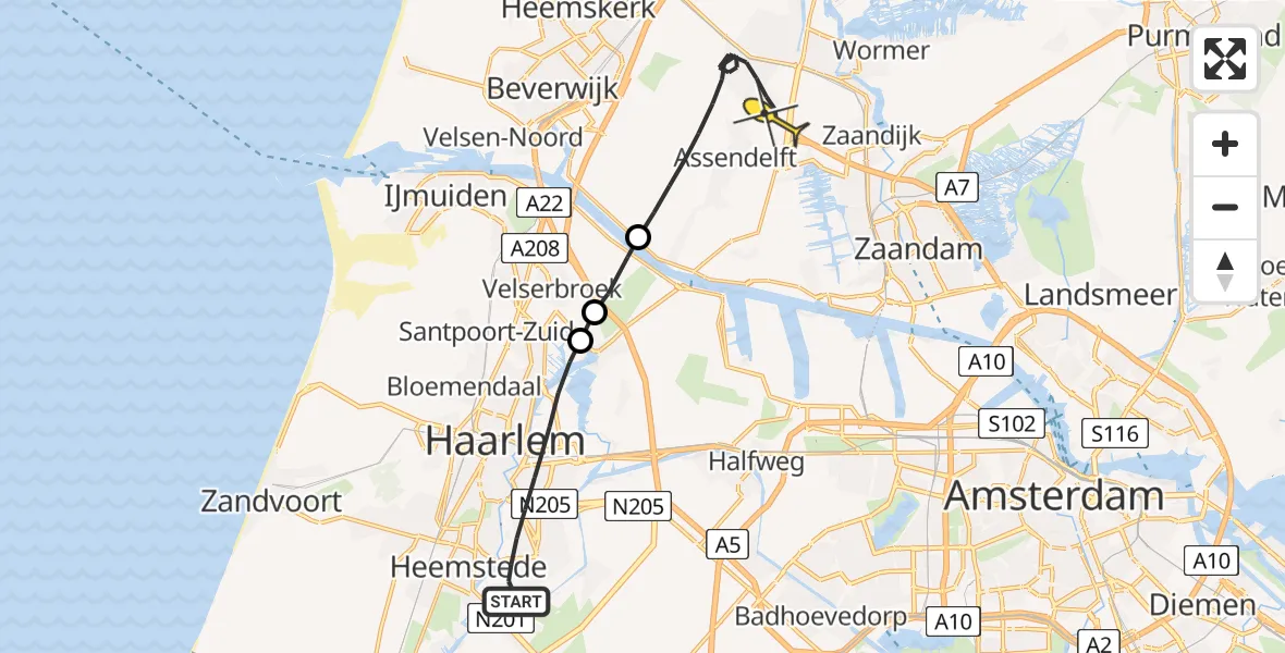Routekaart van de vlucht: Lifeliner 1 naar Assendelft, Noorderveenweg