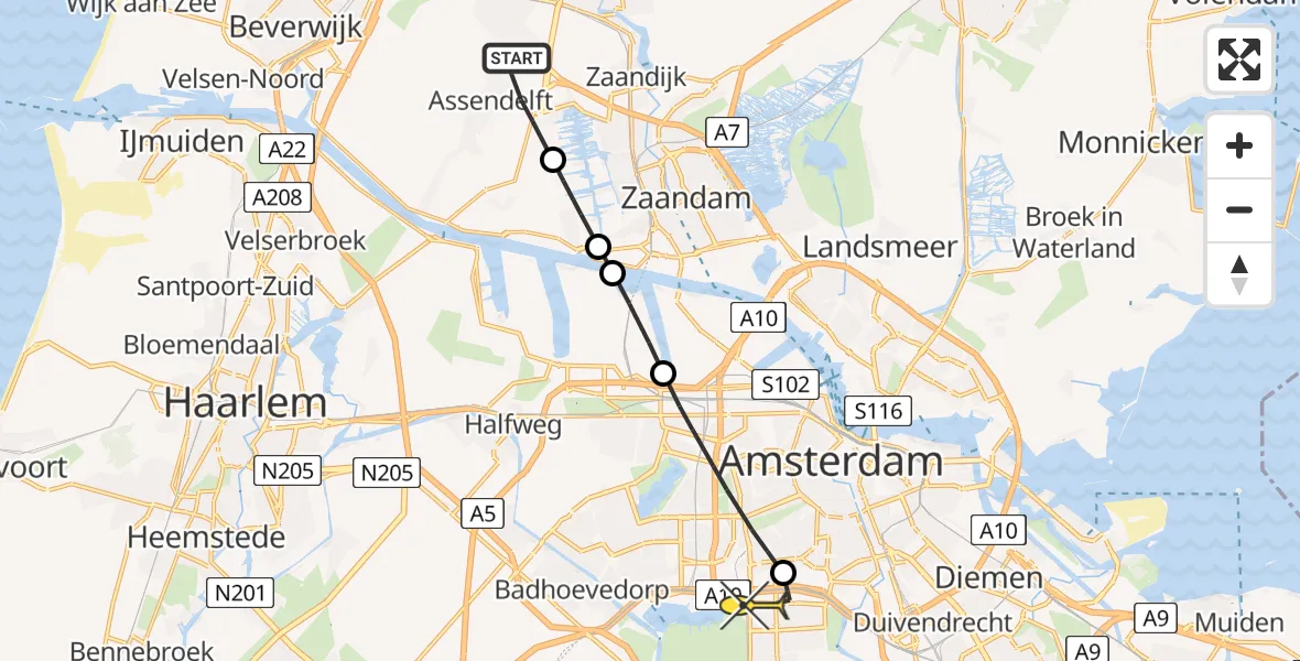 Routekaart van de vlucht: Lifeliner 1 naar VU Medisch Centrum Amsterdam, J.J. Allanstraat