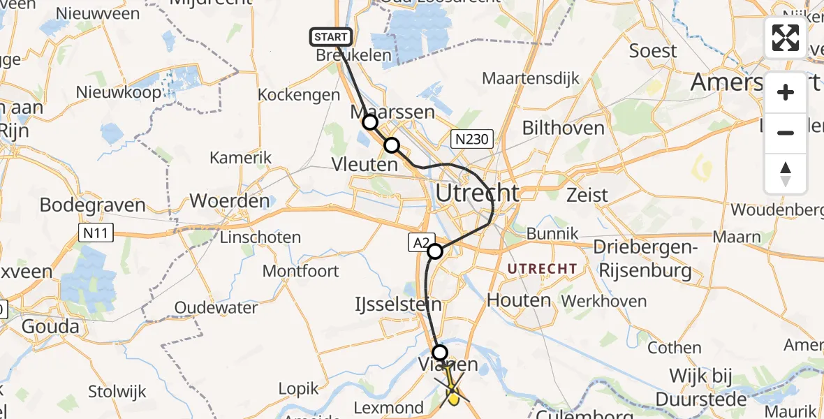 Routekaart van de vlucht: Politieheli naar Vianen, Broekdijk Oost