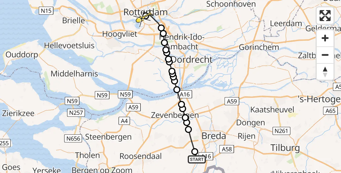 Routekaart van de vlucht: Lifeliner 2 naar Erasmus MC, Hellegatweg
