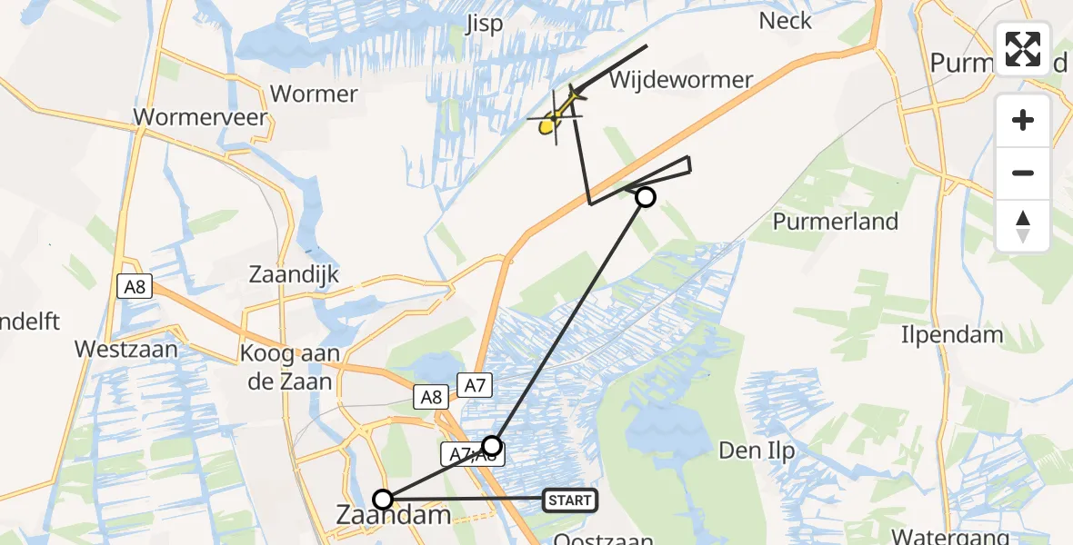 Routekaart van de vlucht: Politiehelikopter naar Wijdewormer, Molenmakersstraat