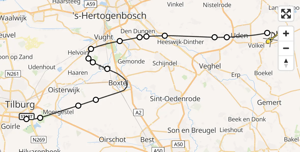 Routekaart van de vlucht: Lifeliner 3 naar Vliegbasis Volkel, Tilburgseweg