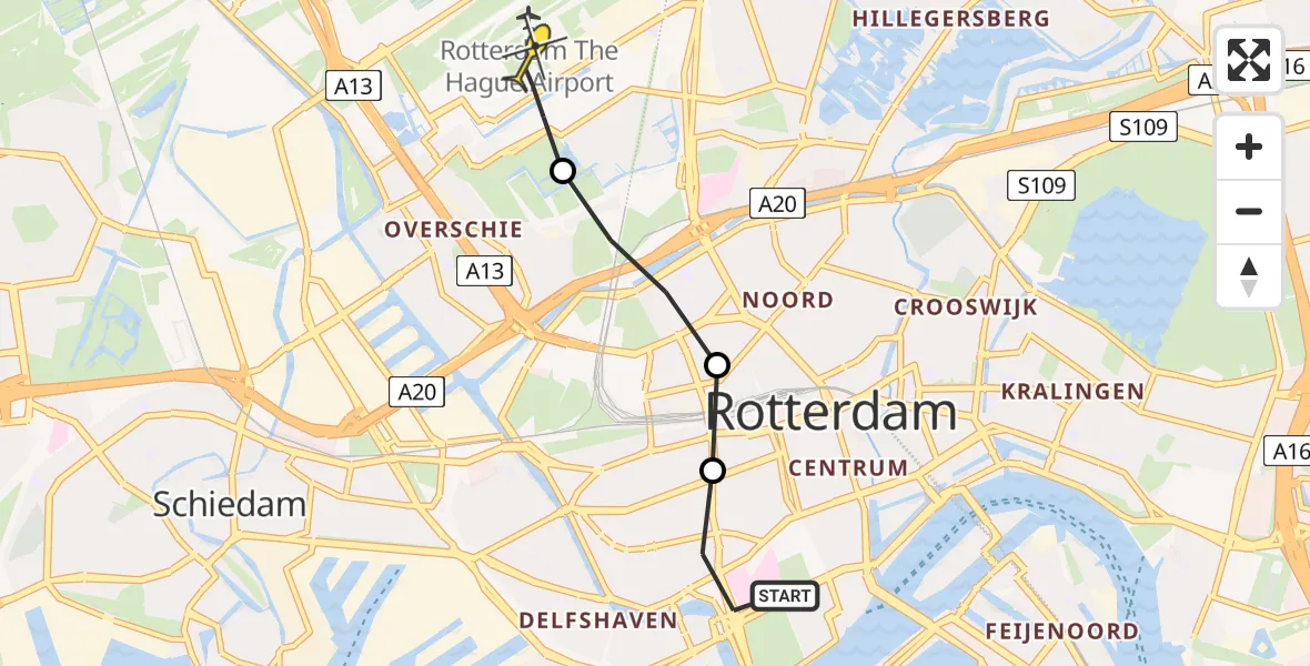 Routekaart van de vlucht: Lifeliner 2 naar Rotterdam The Hague Airport, Nieuwe Binnenweg