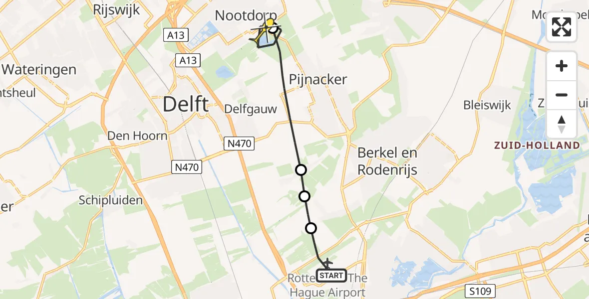 Routekaart van de vlucht: Lifeliner 2 naar Nootdorp, Schieveense polder