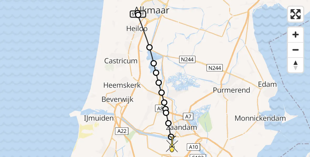 Routekaart van de vlucht: Lifeliner 1 naar Amsterdam Heliport, Middenlaan