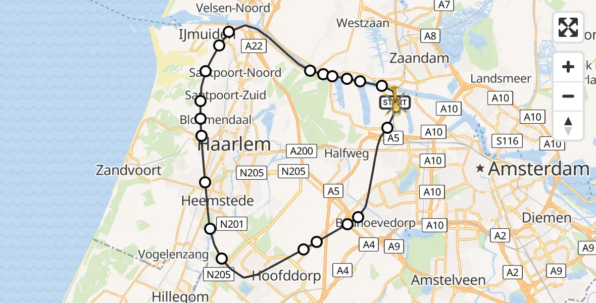 Vluchtroute Traumahelikopter van Amsterdam Heliport naar Amsterdam Heliport