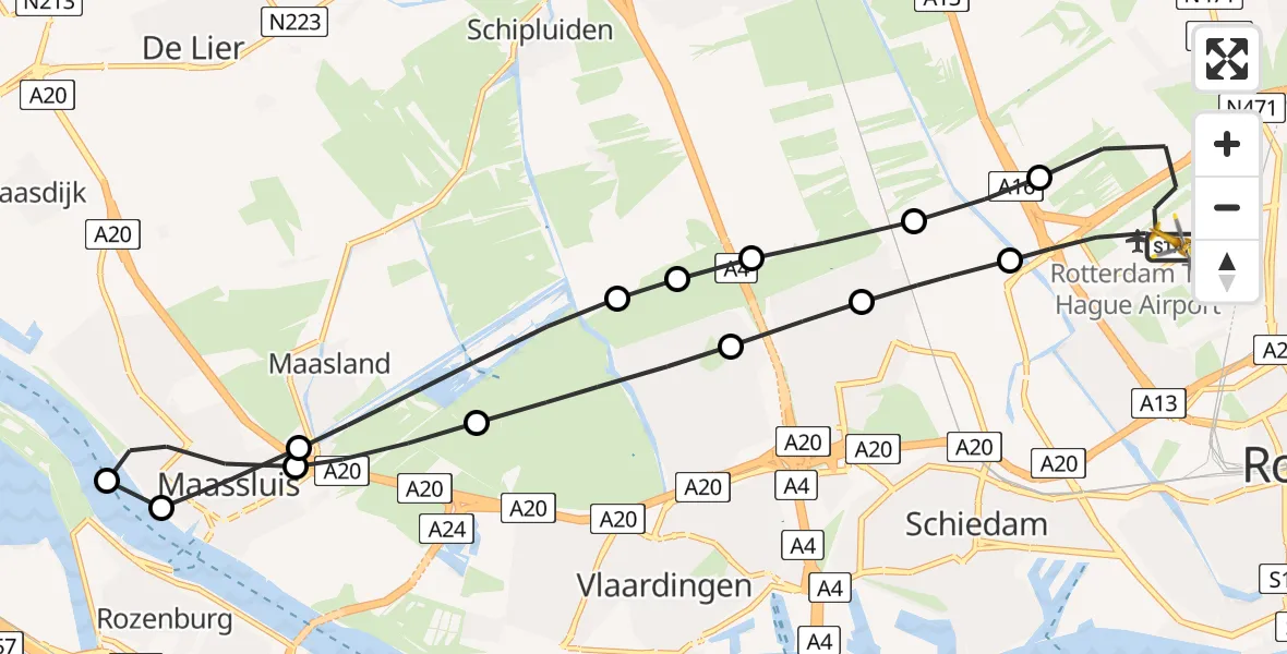 Vluchtroute Traumahelikopter Rotterdam The Hague Airport - Rotterdam The Hague Airport, 16 maart 2024, 23:58