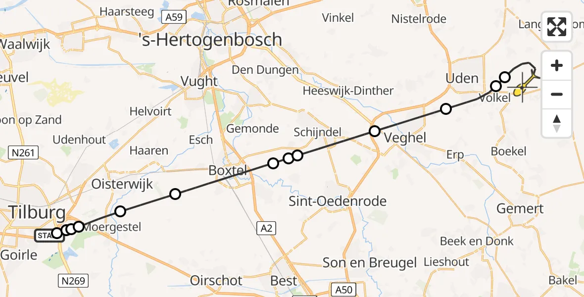 Routekaart van de vlucht: Lifeliner 3 naar Vliegbasis Volkel, Hoevense Kanaaldijk