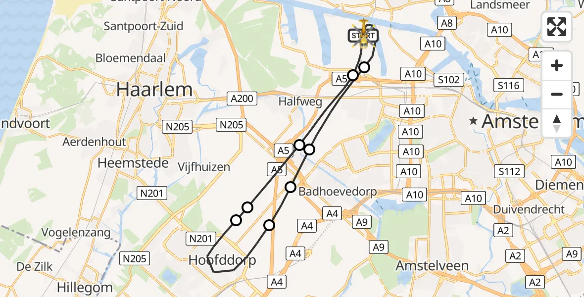 Vluchtroute Traumahelikopter van Amsterdam Heliport naar Amsterdam Heliport
