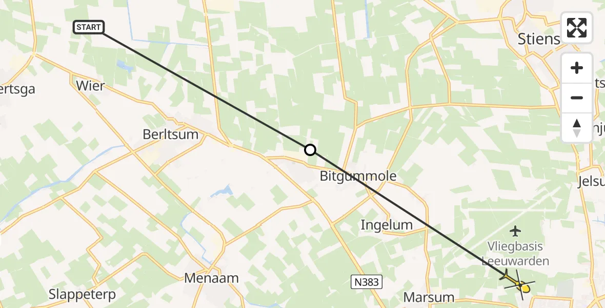 Routekaart van de vlucht: Ambulancehelikopter naar Vliegbasis Leeuwarden, Alddyk