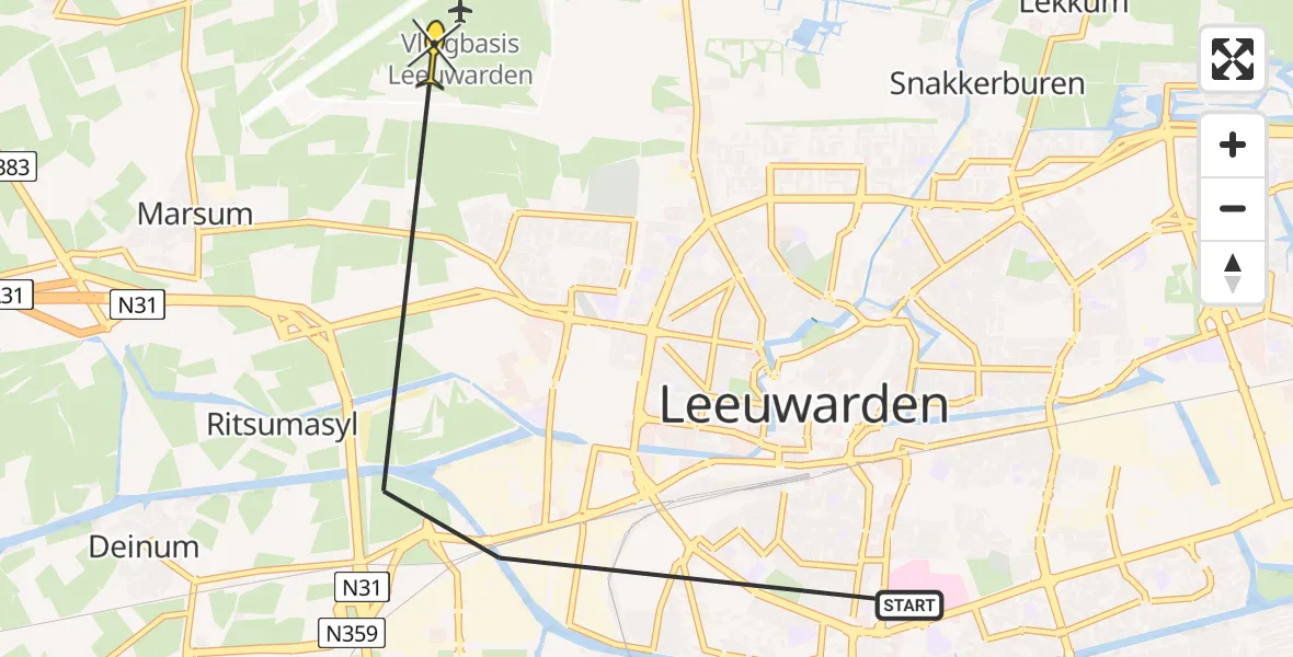 Vluchtroute Ambulancehelikopter van Leeuwarden naar Vliegbasis Leeuwarden