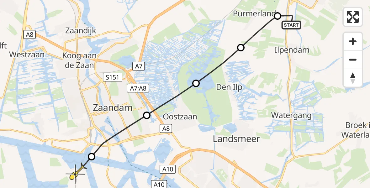 Routekaart van de vlucht: Lifeliner 1 naar Amsterdam Heliport, Nieuwe Purmerlanderrijweg