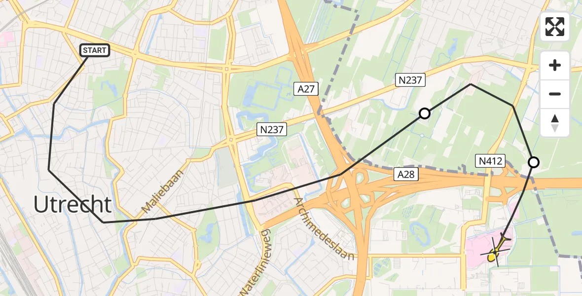 Routekaart van de vlucht: Lifeliner 1 naar Universitair Medisch Centrum Utrecht, Potterstraat