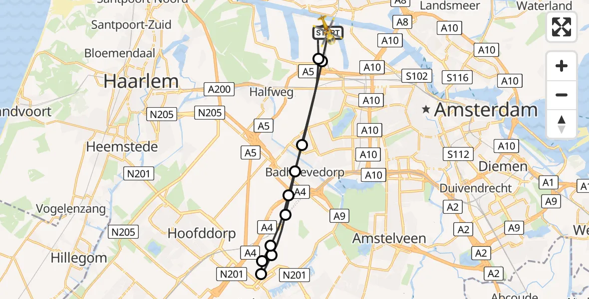 Routekaart van de vlucht: Lifeliner 1 naar Amsterdam Heliport, Nieuw-Zeelandweg