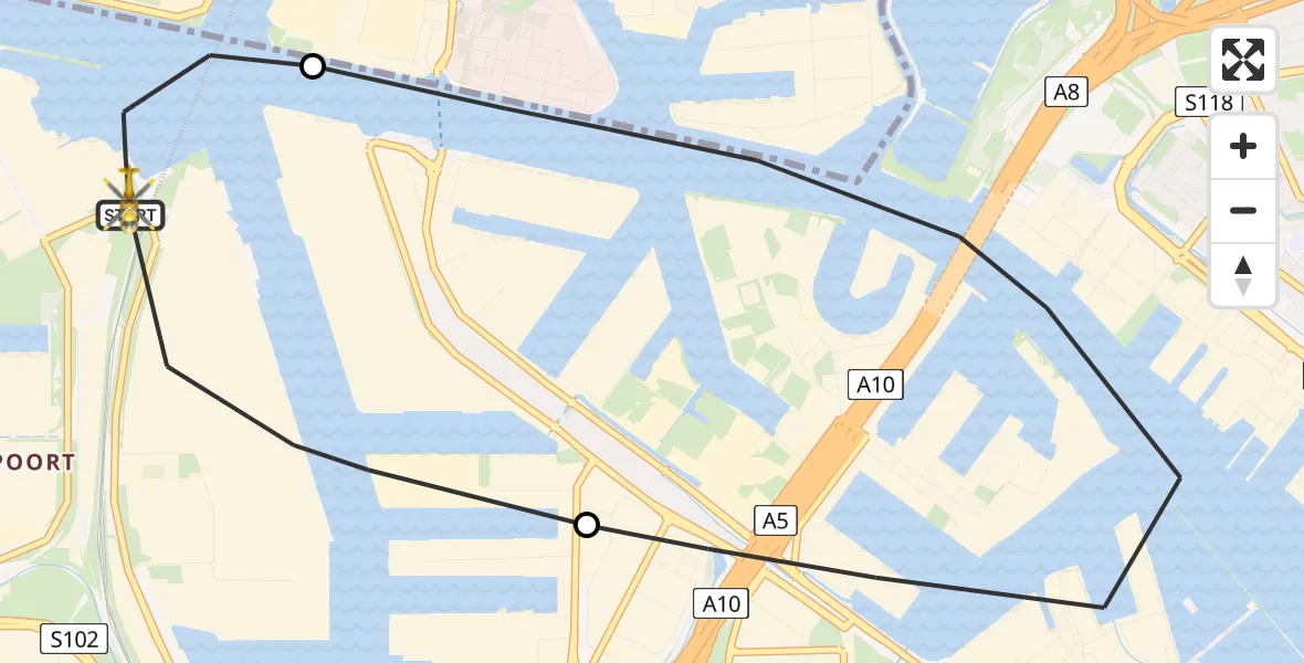 Vluchtroute Traumahelikopter van Amsterdam Heliport naar Amsterdam Heliport