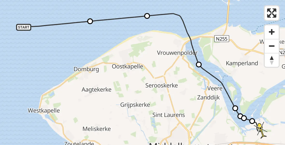 Routekaart van de vlucht: Kustwachthelikopter naar Vliegveld Midden-Zeeland, Calandweg