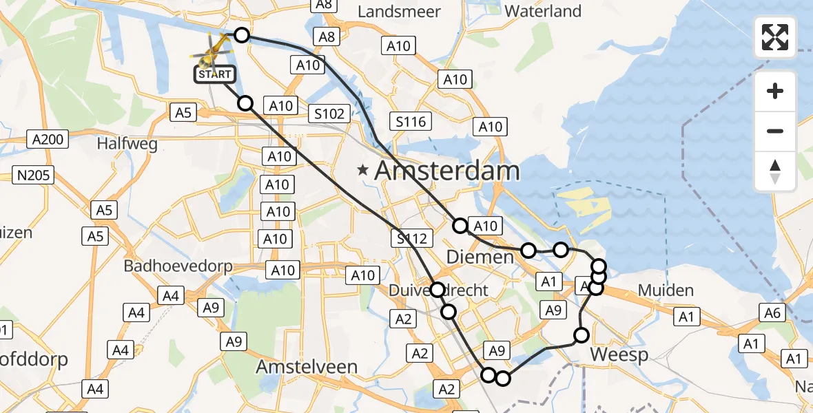 Vluchtroute Traumahelikopter van Amsterdam Heliport naar Amsterdam Heliport
