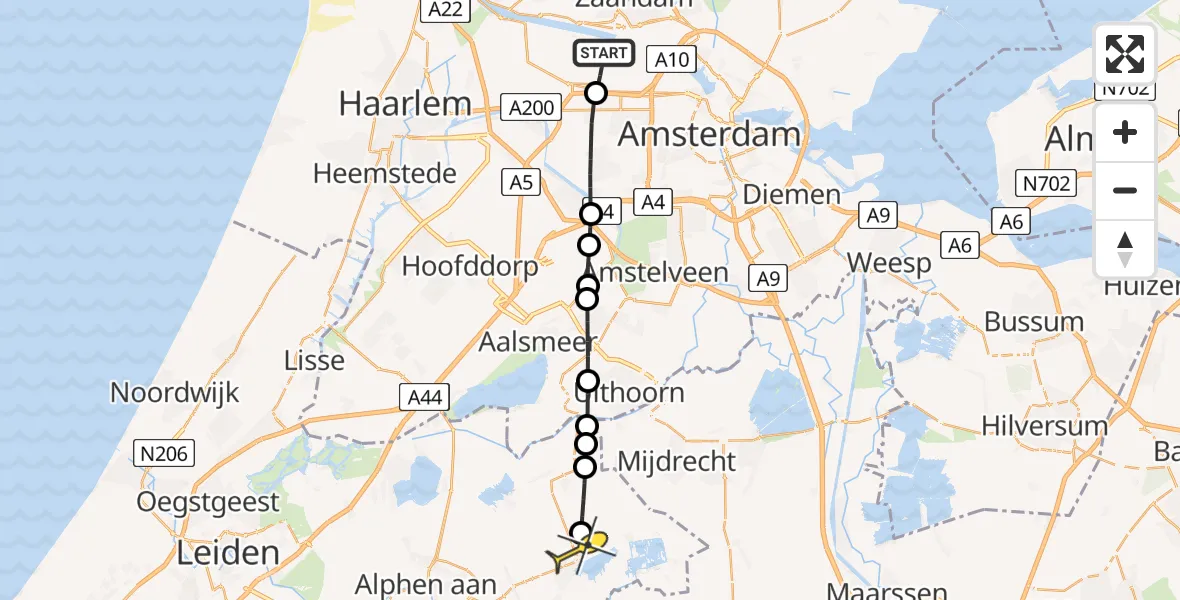 Routekaart van de vlucht: Lifeliner 1 naar Nieuwkoop, Nieuw-Zeelandweg