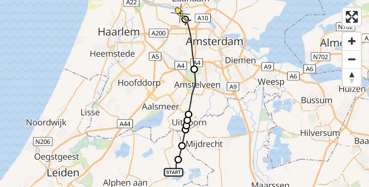Routekaart van de vlucht: Lifeliner 1 naar Amsterdam Heliport, 't Laantje
