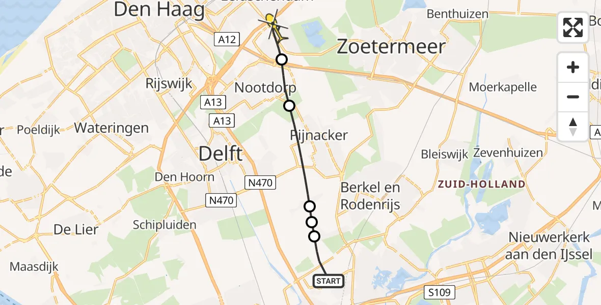 Routekaart van de vlucht: Lifeliner 2 naar Den Haag, Schieveense polder