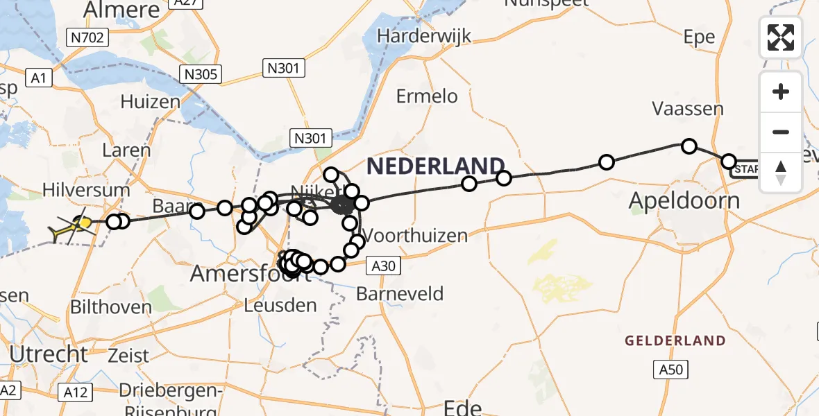 Routekaart van de vlucht: Politieheli naar Vliegveld Hilversum, Tiendijkenseweg