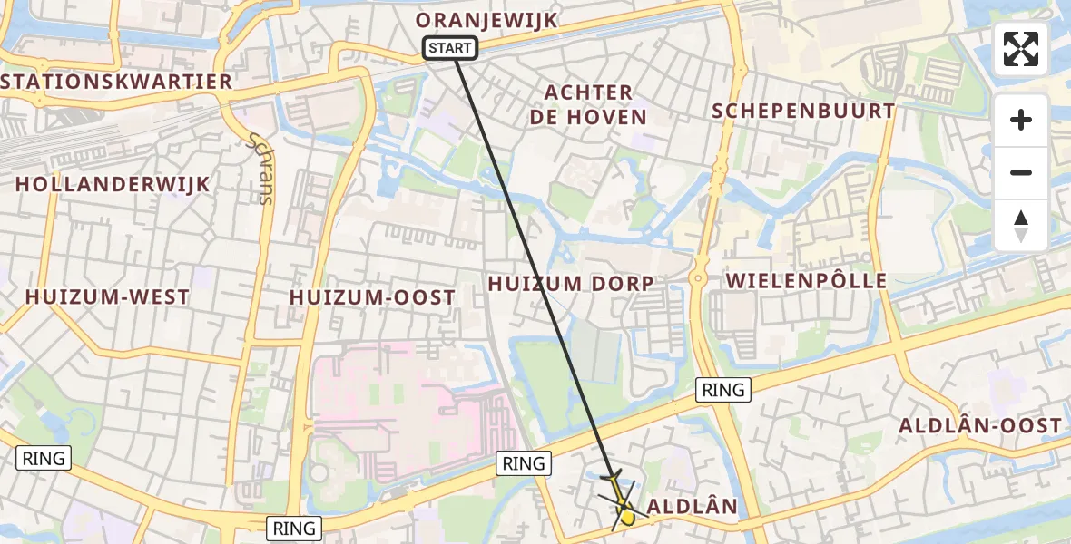 Vluchtroute Ambulancehelikopter van Leeuwarden naar Leeuwarden