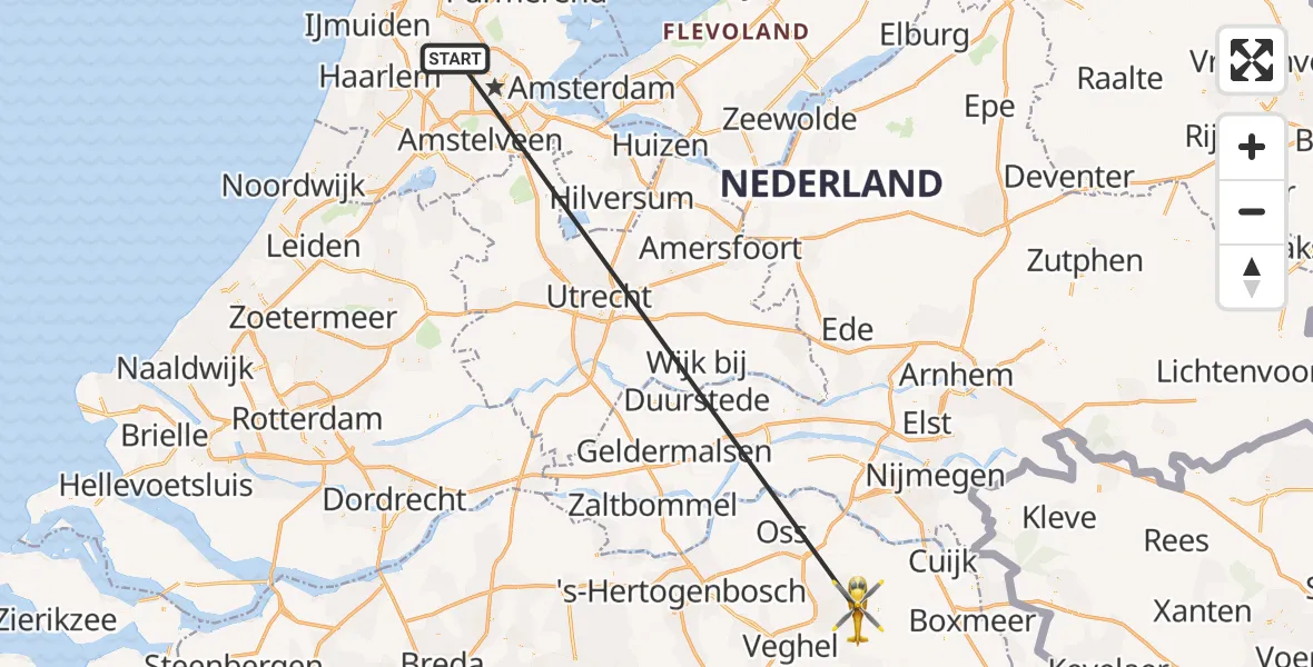 Vluchtroute Traumahelikopter van Amsterdam Heliport naar Vliegbasis Volkel