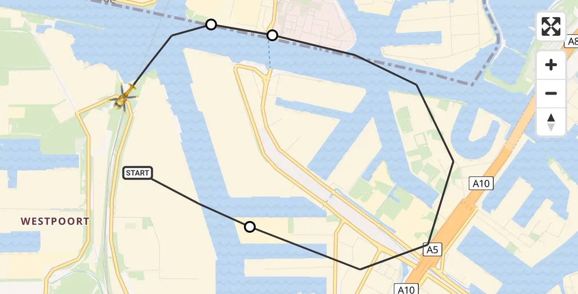 Routekaart van de vlucht: Lifeliner 1 naar Amsterdam Heliport, Nustar Terminals B.V.