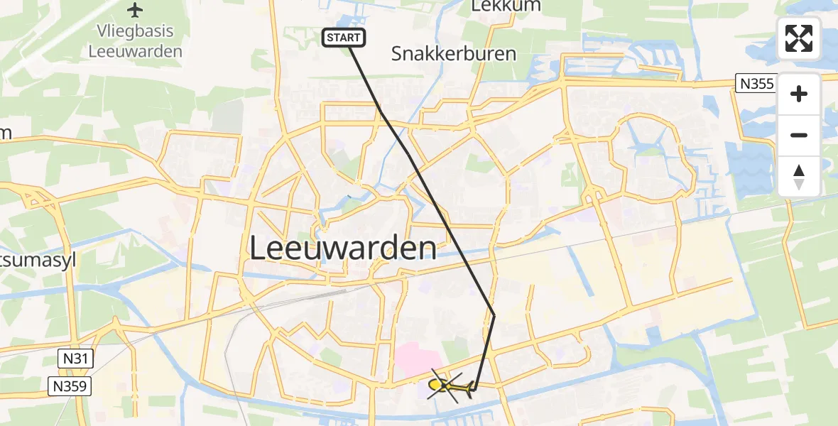Vluchtroute Ambulancehelikopter van Leeuwarden naar Leeuwarden