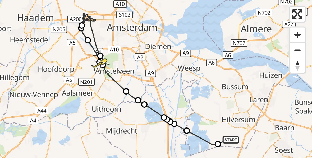 Routekaart van de vlucht: Politieheli naar Schiphol, Rading