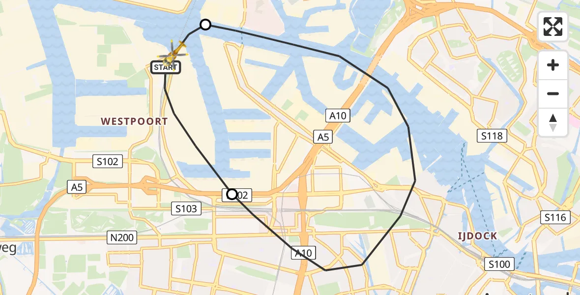 Vluchtroute Traumahelikopter van Amsterdam Heliport naar Amsterdam Heliport