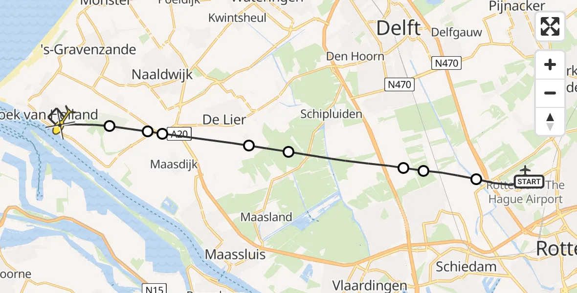 Routekaart van de vlucht: Lifeliner 2 naar Hoek van Holland, Delftweg