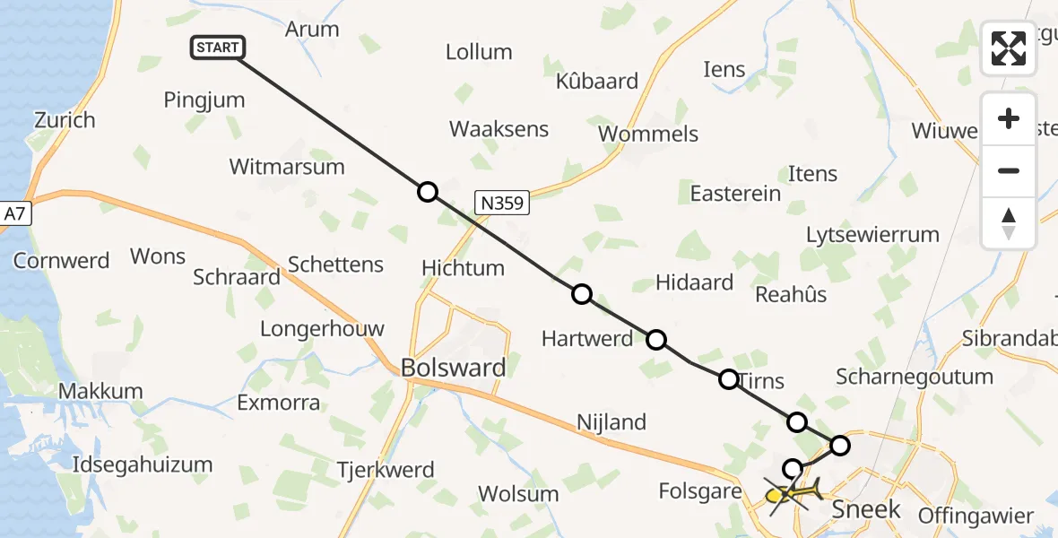 Routekaart van de vlucht: Ambulanceheli naar Sneek, Hemert