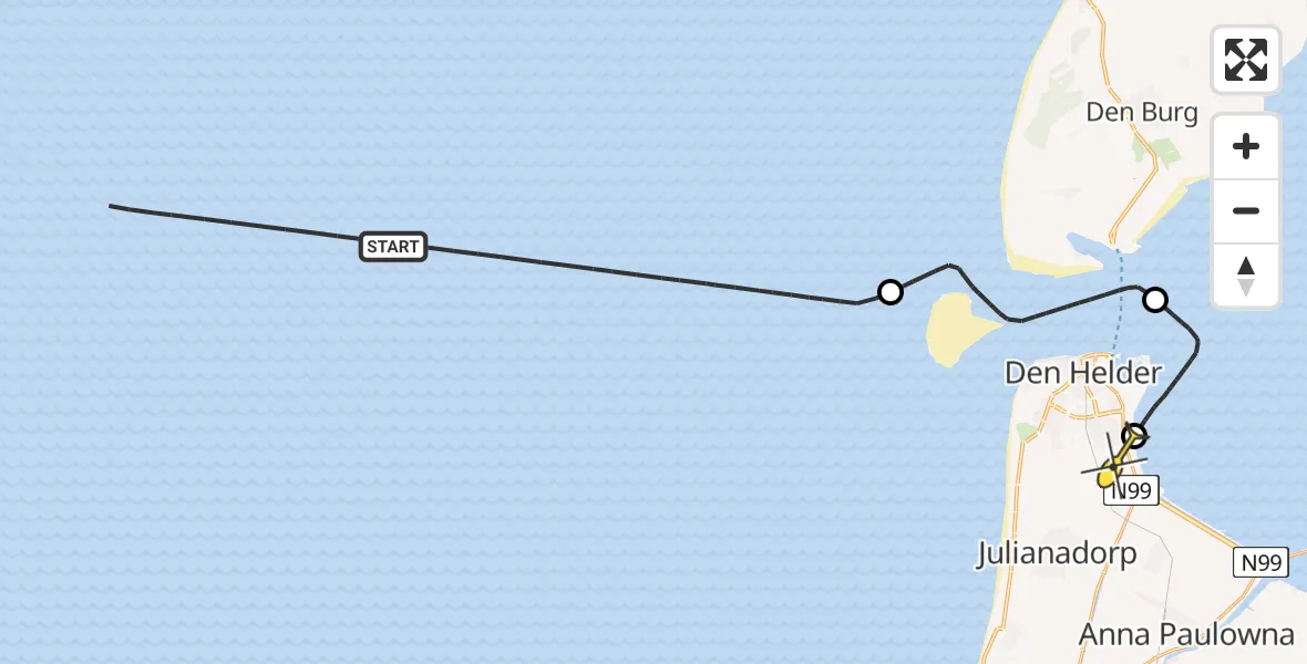 Routekaart van de vlucht: Kustwachthelikopter naar Vliegveld De Kooy, Doggersvaart